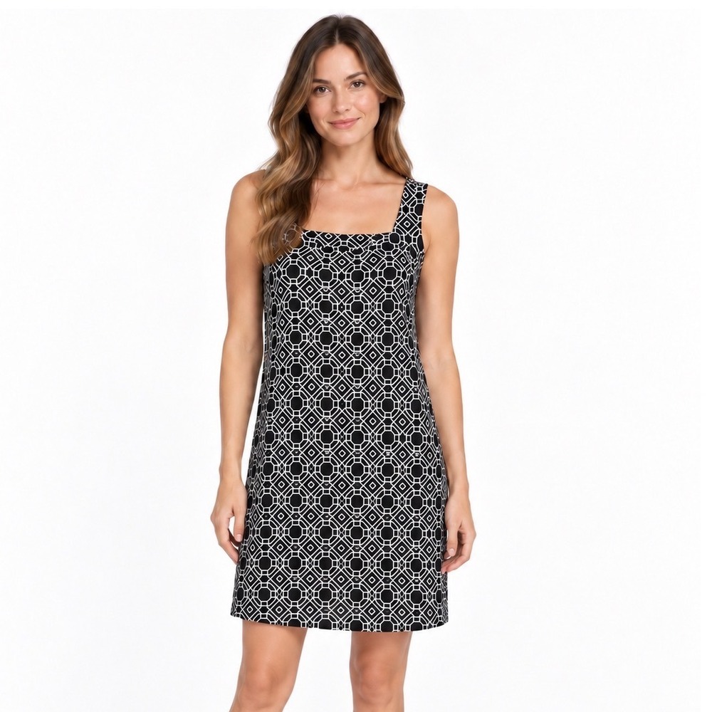 Nina Leonard Small Black White Geometric Abstract Strappy Back Sleeveless Dress